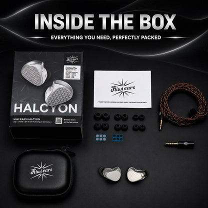 Exploded view of Kiwi Ears Halcyon in-ear monitors with labeled parts including drivers, aluminum shell, and custom armature for superior audio quality