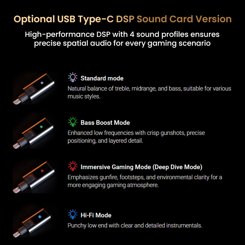 KZ Duonic USB Type-C DSP sound card with four audio modes including bass boost and immersive gaming for versatile listening.