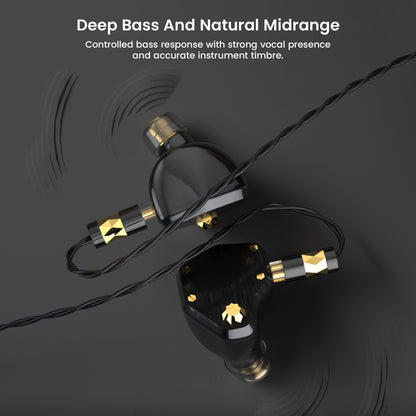 Detailed view of in-ear monitor's driver assembly with gold accents