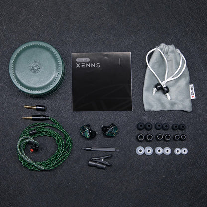 Complete XENNS - Mangird Tea Pro SE IEM package including ear tips, modular cable, carrying case, and accessories.
