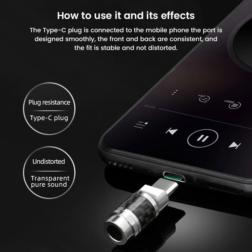 Type-C plug adapter for smartphones with transparent pure sound and stable fit, designed for seamless audio transmission.