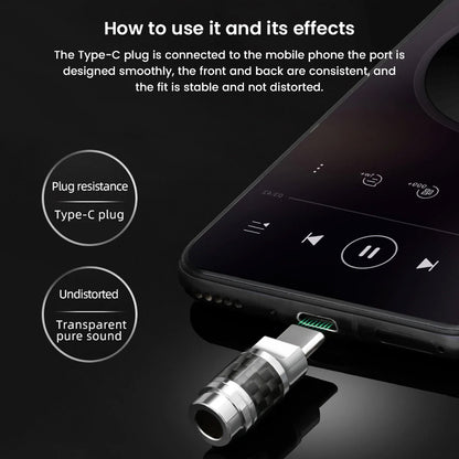 Type-C plug adapter for smartphones with transparent pure sound and stable fit, designed for seamless audio transmission.