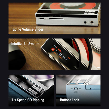 CD player with intuitive touchscreen UI and control buttons