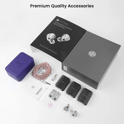 Complete TWISTURA Beta IEM package including earphones, OFC cable, interchangeable plugs, tuning nozzles, and premium accessories.