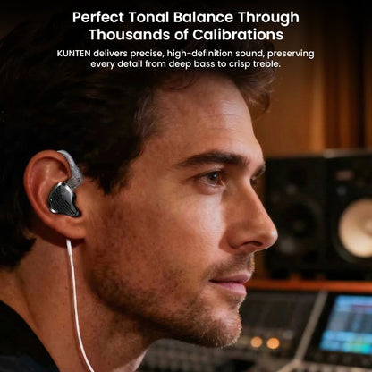 Man wearing GK-KUNTEN IEMs in studio, demonstrating perfect tonal balance and high-definition sound from extensive calibration.
