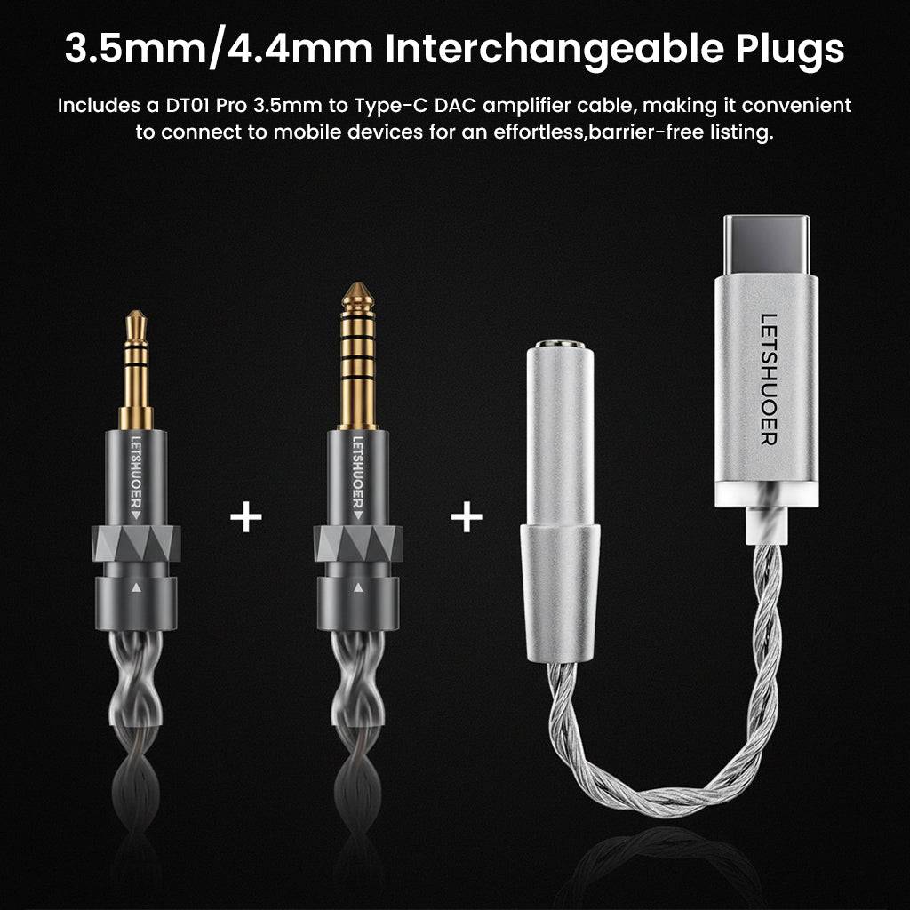 LETSHUOER S12 Ultra IEMs with 3.5mm, 4.4mm, and Type-C DAC plugs, offering versatile connectivity for mobile and audio devices.