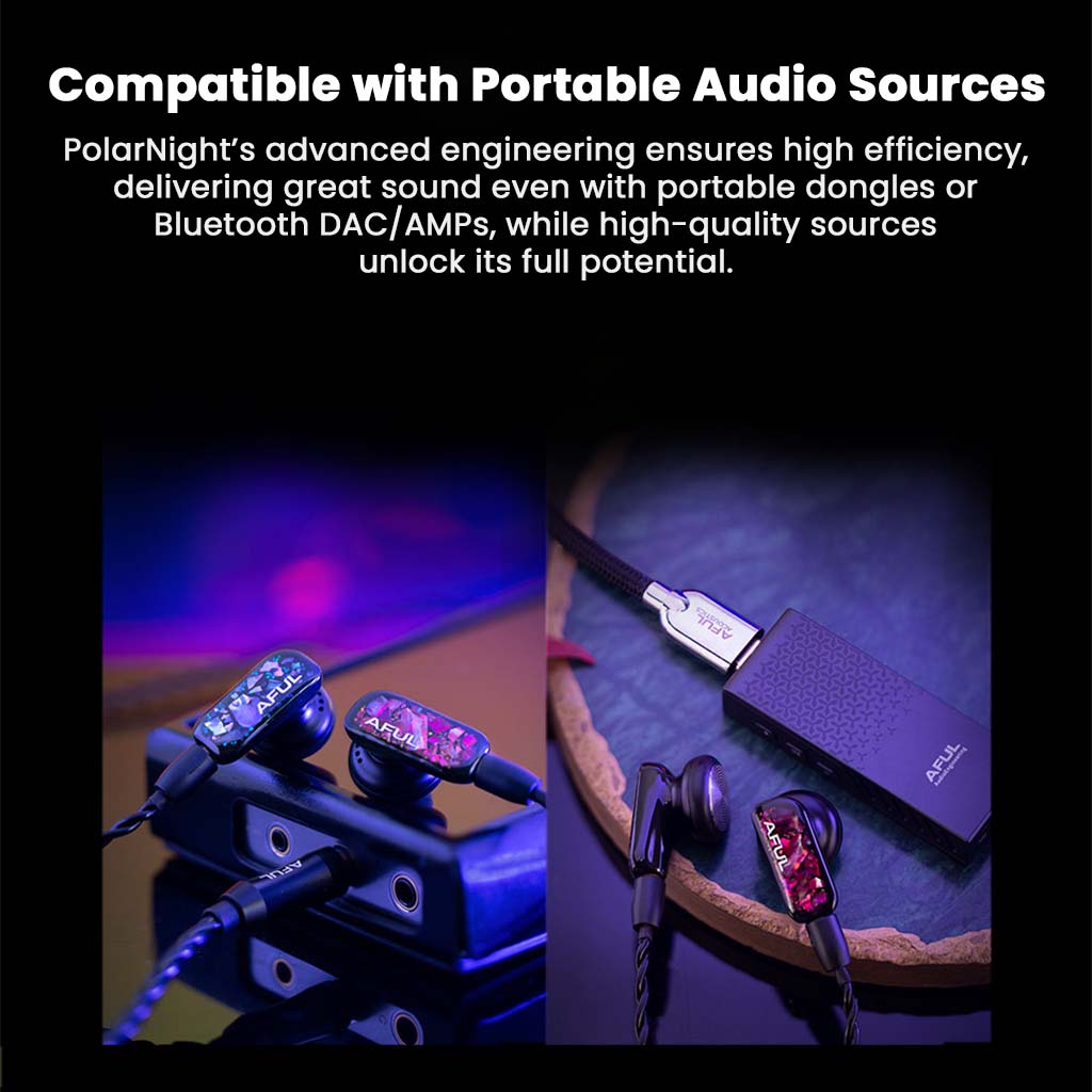 AFUL - PolarNight 15.4mm Dynamic Driver HiFi Earbuds connected to portable DAC/AMPs, showcasing compatibility with high-efficiency audio sources.