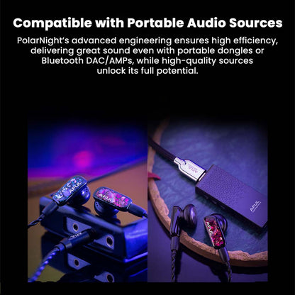 AFUL - PolarNight 15.4mm Dynamic Driver HiFi Earbuds connected to portable DAC/AMPs, showcasing compatibility with high-efficiency audio sources.