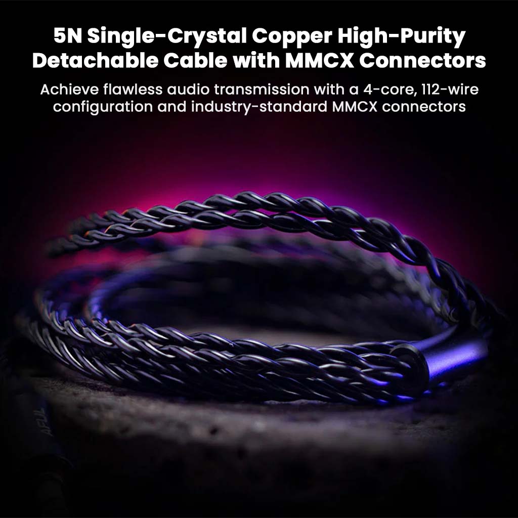 AFUL - PolarNight 15.4mm Dynamic Driver HiFi Earbuds feature a 5N single-crystal copper high-purity detachable cable with MMCX connectors for superior audio clarity. The 4-core, 112-wire configuration ensures stable signal transmission in premium in-ear headphones.