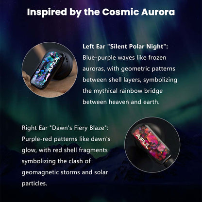 AFUL - PolarNight 15.4mm Dynamic Driver HiFi Earbuds with cosmic aurora-inspired design, featuring blue-purple and red shell patterns for left and right ears.