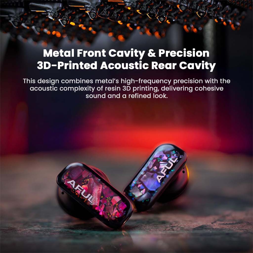 AFUL - PolarNight 15.4mm Dynamic Driver HiFi Earbuds with metal front cavity and 3D-printed acoustic rear cavity, shown on a reflective surface.