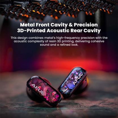 AFUL - PolarNight 15.4mm Dynamic Driver HiFi Earbuds with metal front cavity and 3D-printed acoustic rear cavity, shown on a reflective surface.