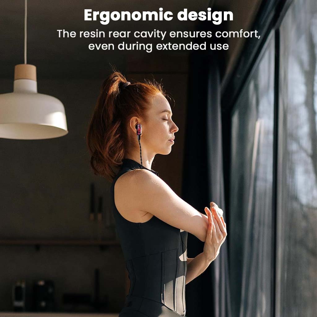 AFUL - PolarNight 15.4mm Dynamic Driver HiFi Earbuds worn by a woman stretching indoors, showcasing ergonomic flat head design for extended comfort.
