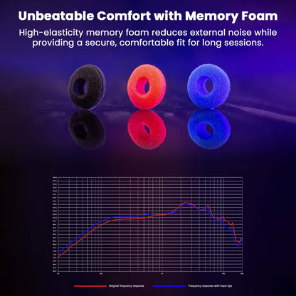 AFUL - PolarNight 15.4mm Dynamic Driver HiFi Earbuds memory foam ear tips in black, red, and blue, offering noise isolation and comfort for long use.