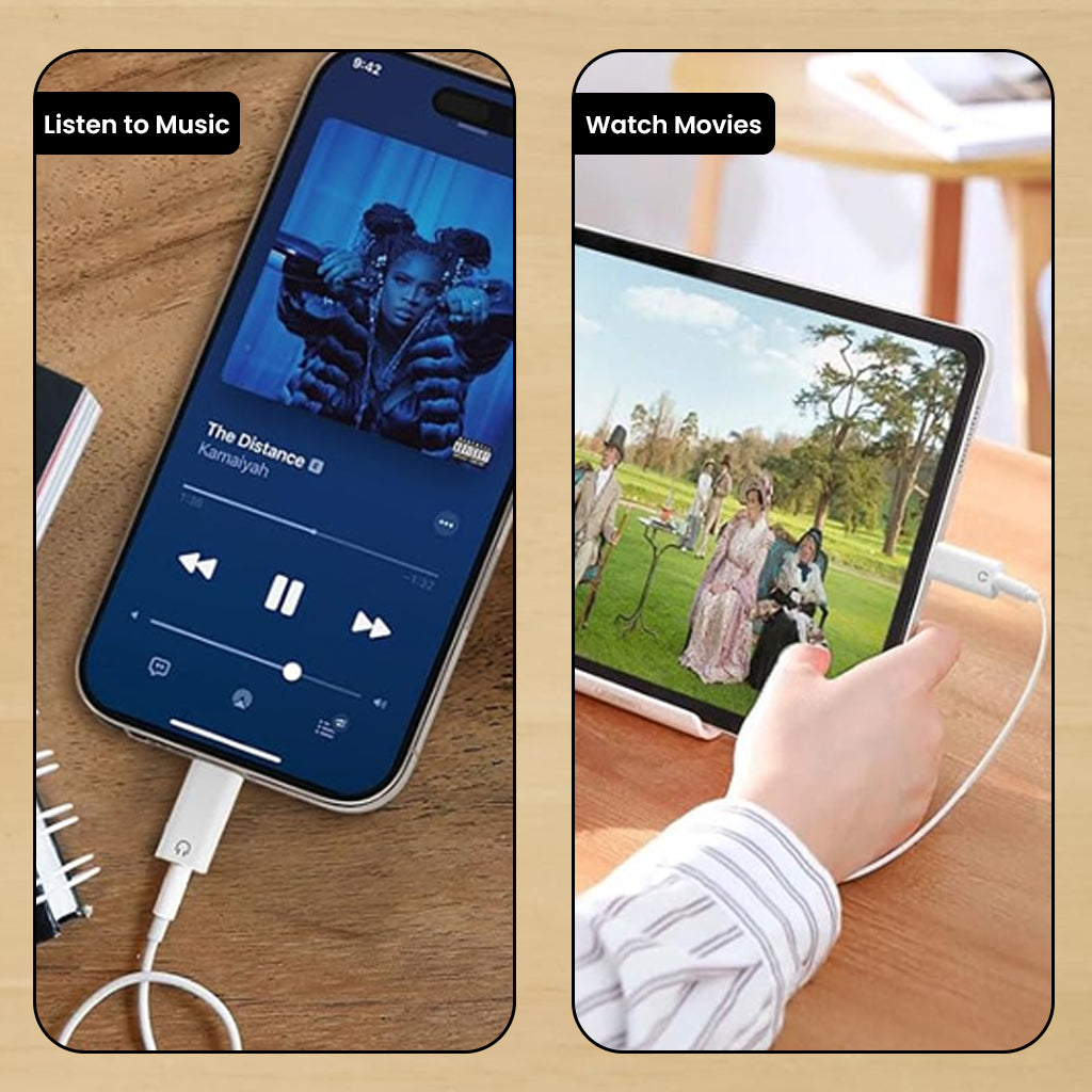 AUDIOCULAR- A18X Adapter used for listening to music on iPhone and watching movies on iPad, showcasing versatile entertainment compatibility.