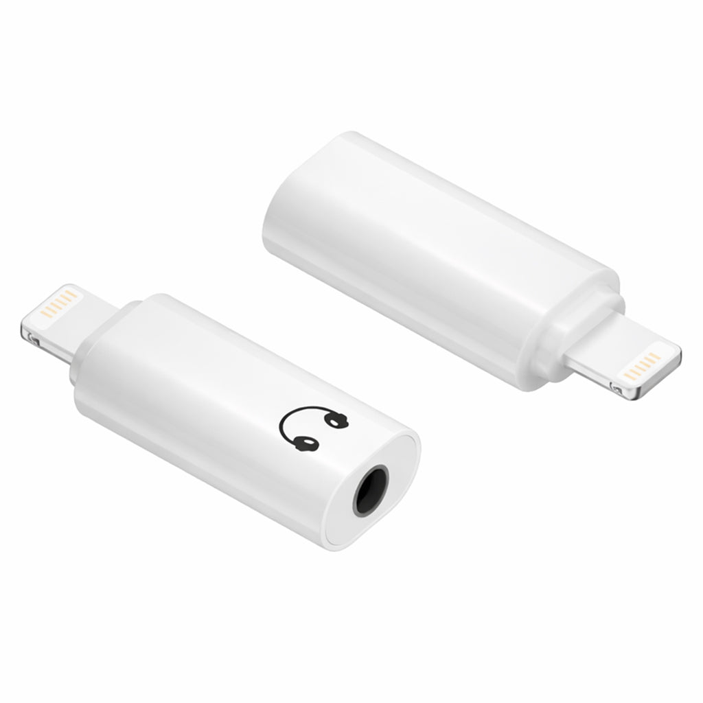 AUDIOCULAR- A18X Lightning to 3.5mm Portable Audio Adapter with sleek white design and headphone icon, ideal for iPhone audio conversion.