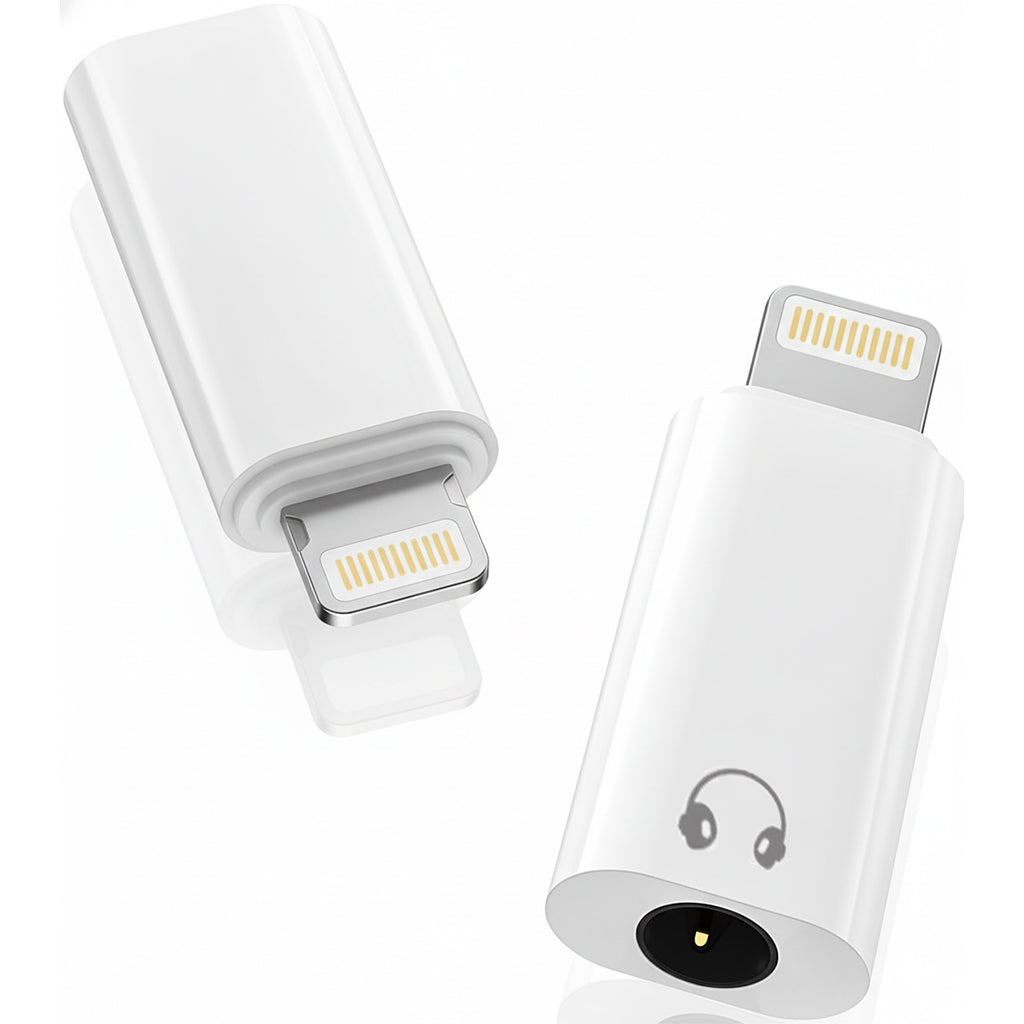 Compact AUDIOCULAR- A18X Lightning to 3.5mm Adapter featuring a durable white body and gold-plated connectors for high-fidelity sound output.