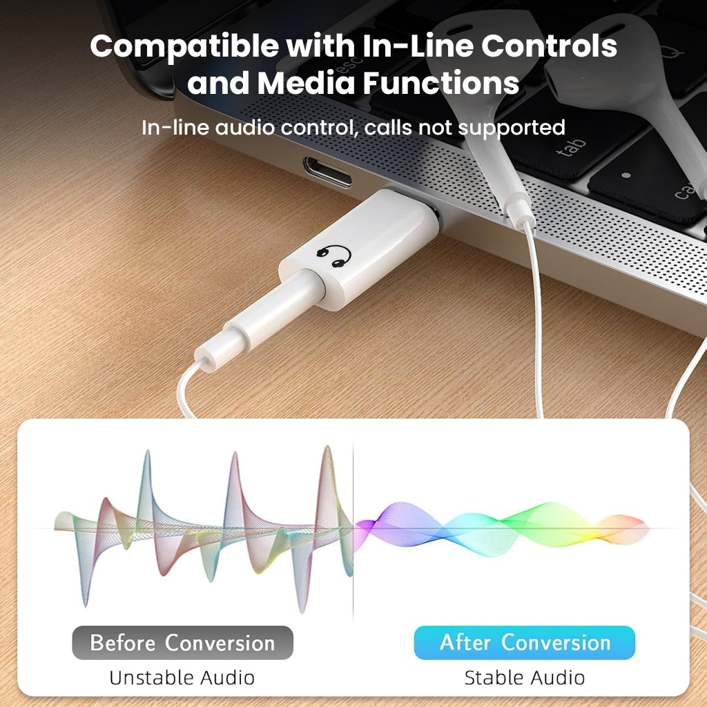 AUDIOCULAR- A18X Adapter connected to a laptop with visual comparison showing stable audio after conversion, enhancing headphone performance.