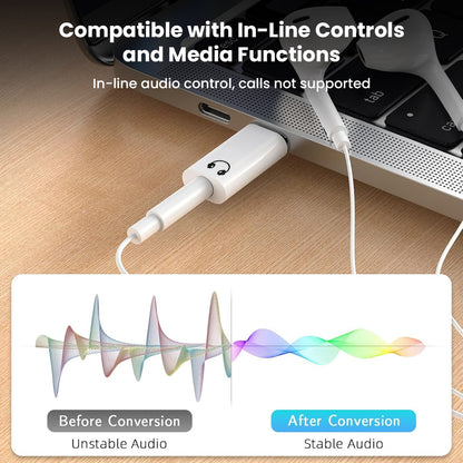 AUDIOCULAR- A18X Adapter connected to a laptop with visual comparison showing stable audio after conversion, enhancing headphone performance.