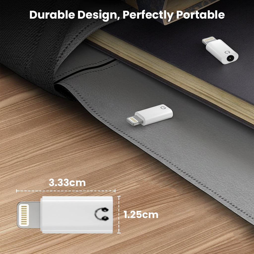 Portable AUDIOCULAR- A18X Lightning to 3.5mm Adapter with compact 3.33cm x 1.25cm size, shown inside a bag for easy travel and storage.