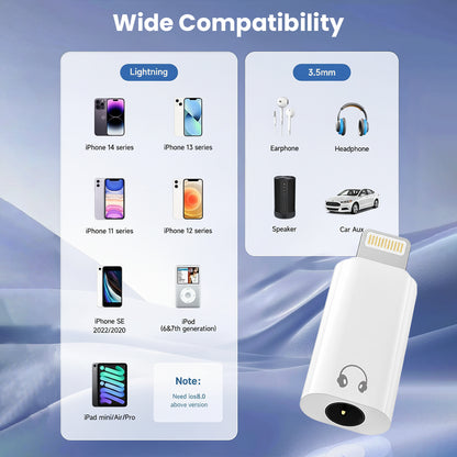 AUDIOCULAR- A18X Adapter supports wide compatibility with iPhones, iPads, headphones, speakers, and car AUX via Lightning and 3.5mm ports.