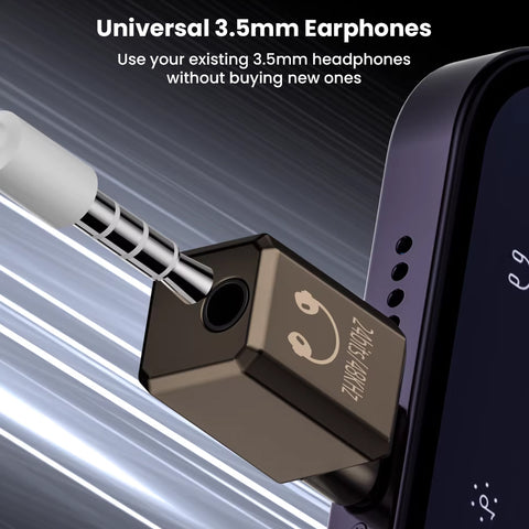 AUDIOCULAR- A19X adapter connected to iPhone with 3.5mm earphones, enabling use of existing headphones via Lightning port.