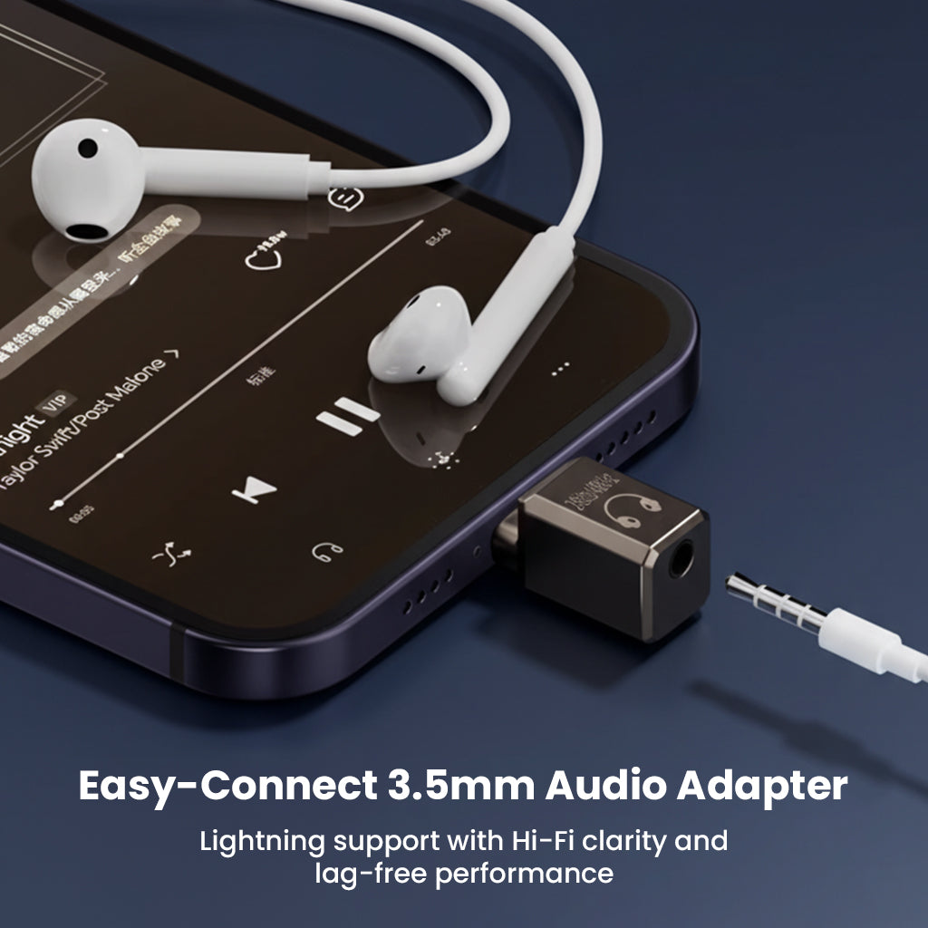 AUDIOCULAR- A19X Lightning to 3.5mm Audio Adapter offering Hi-Fi clarity and seamless connection for music playback on iPhone.