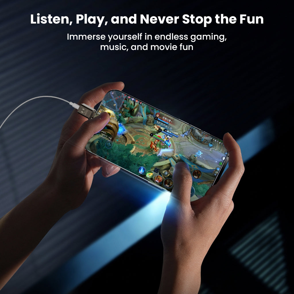 AUDIOCULAR- A19X adapter connected to iPhone during gaming, delivering immersive audio for uninterrupted entertainment sessions.