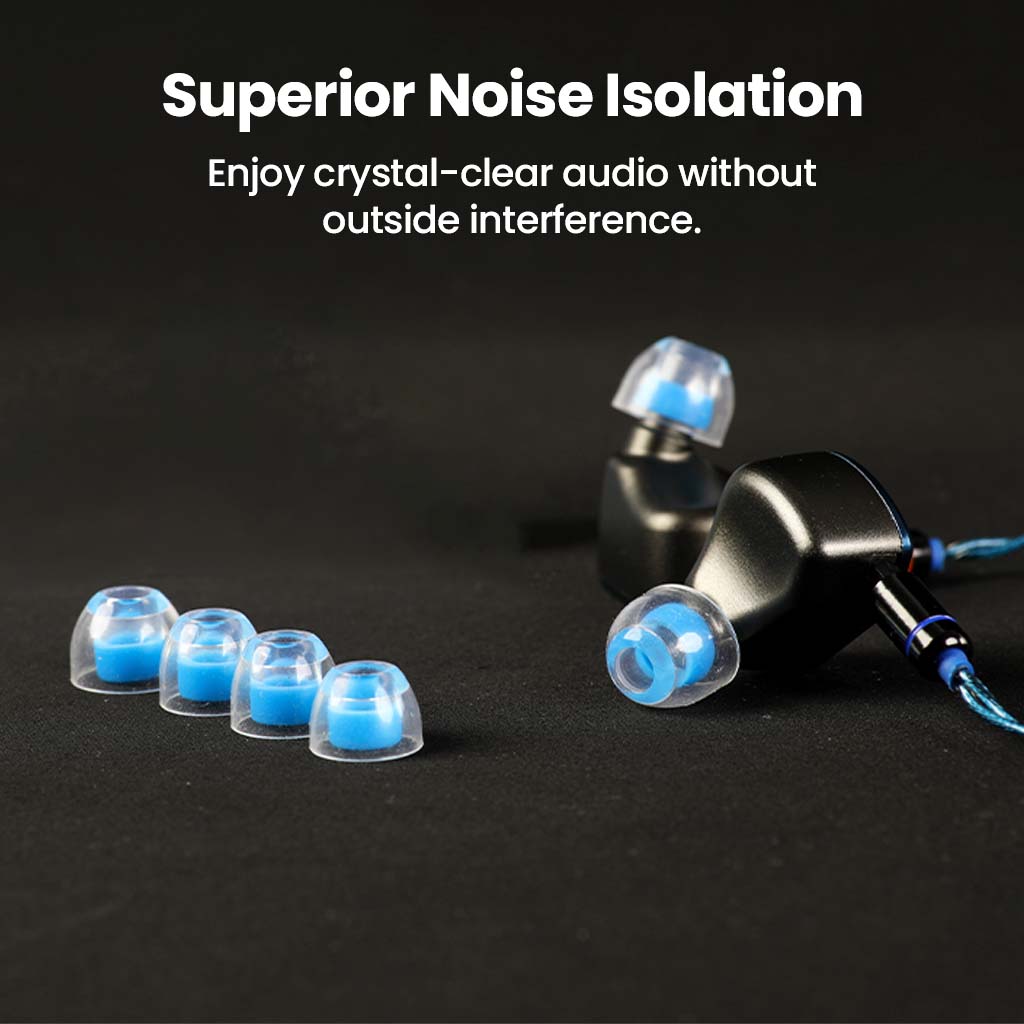 AUDIOCULAR Atmos Eartips on IEMs emphasizing superior noise isolation for crystal-clear audio without external interference.