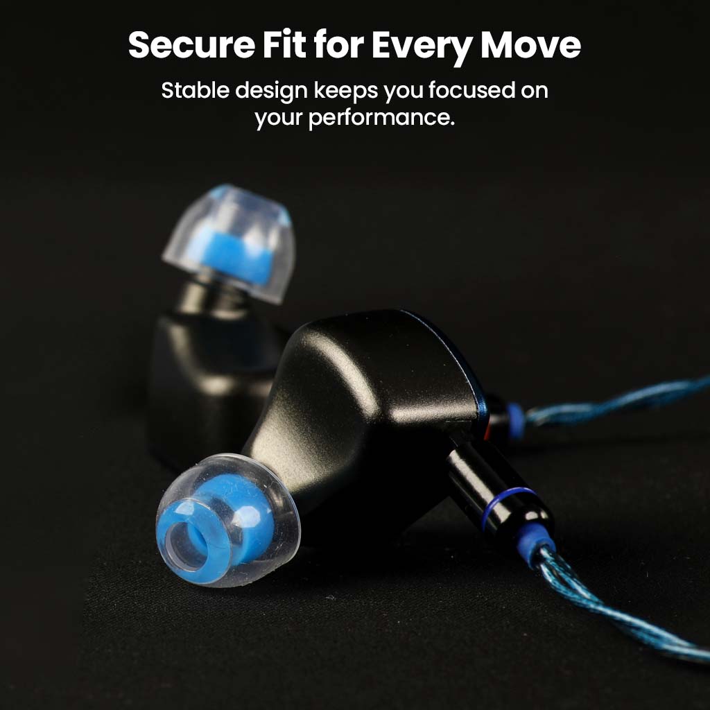AUDIOCULAR Atmos Silicone Eartips attached to IEMs, designed for a secure fit during active movement and performance.