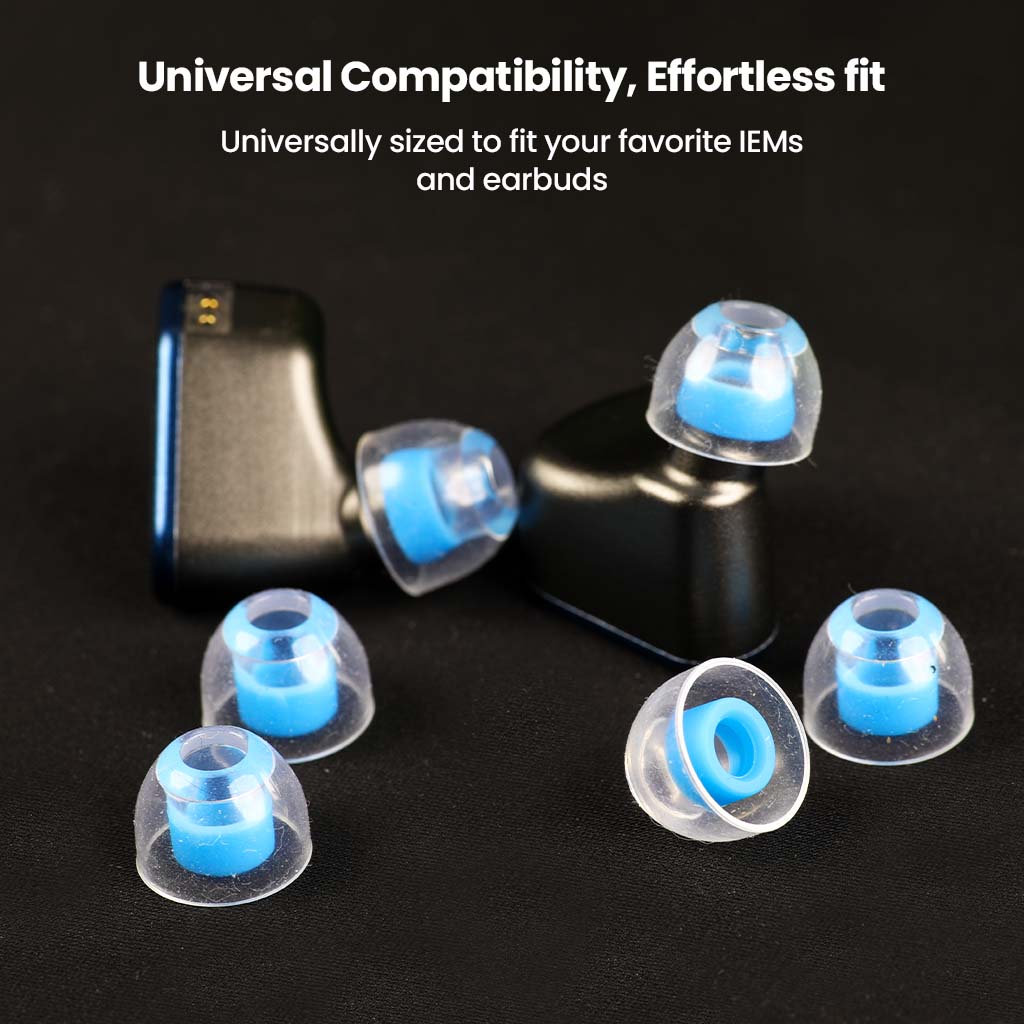 AUDIOCULAR Atmos Eartips with IEMs, featuring universal compatibility and effortless fit for various earbuds and in-ear monitors.