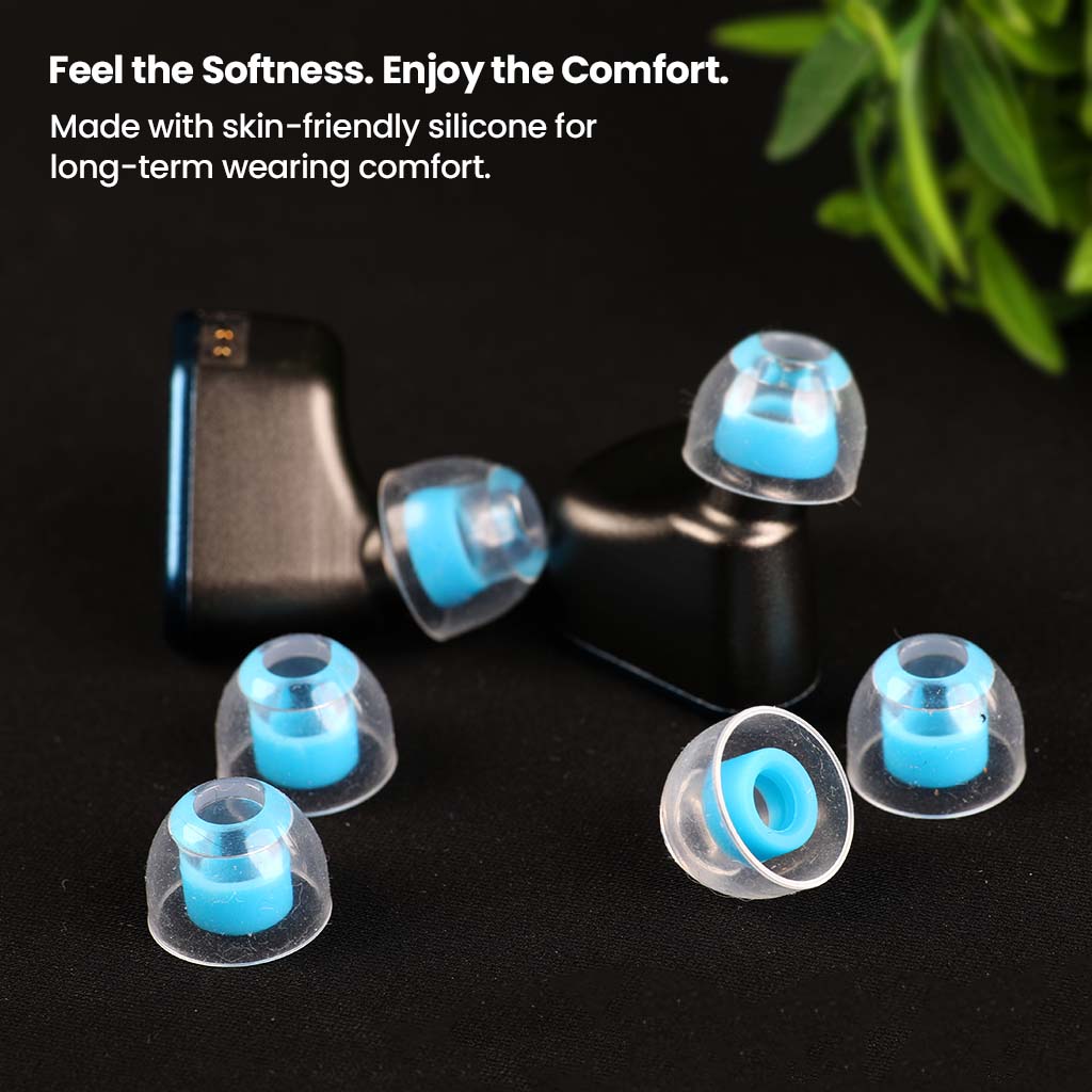 AUDIOCULAR Atmos Liquid Silicone Eartips shown with in-ear monitors, highlighting soft, skin-friendly silicone for long-term comfort.