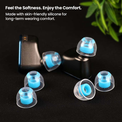 AUDIOCULAR Atmos Liquid Silicone Eartips shown with in-ear monitors, highlighting soft, skin-friendly silicone for long-term comfort.
