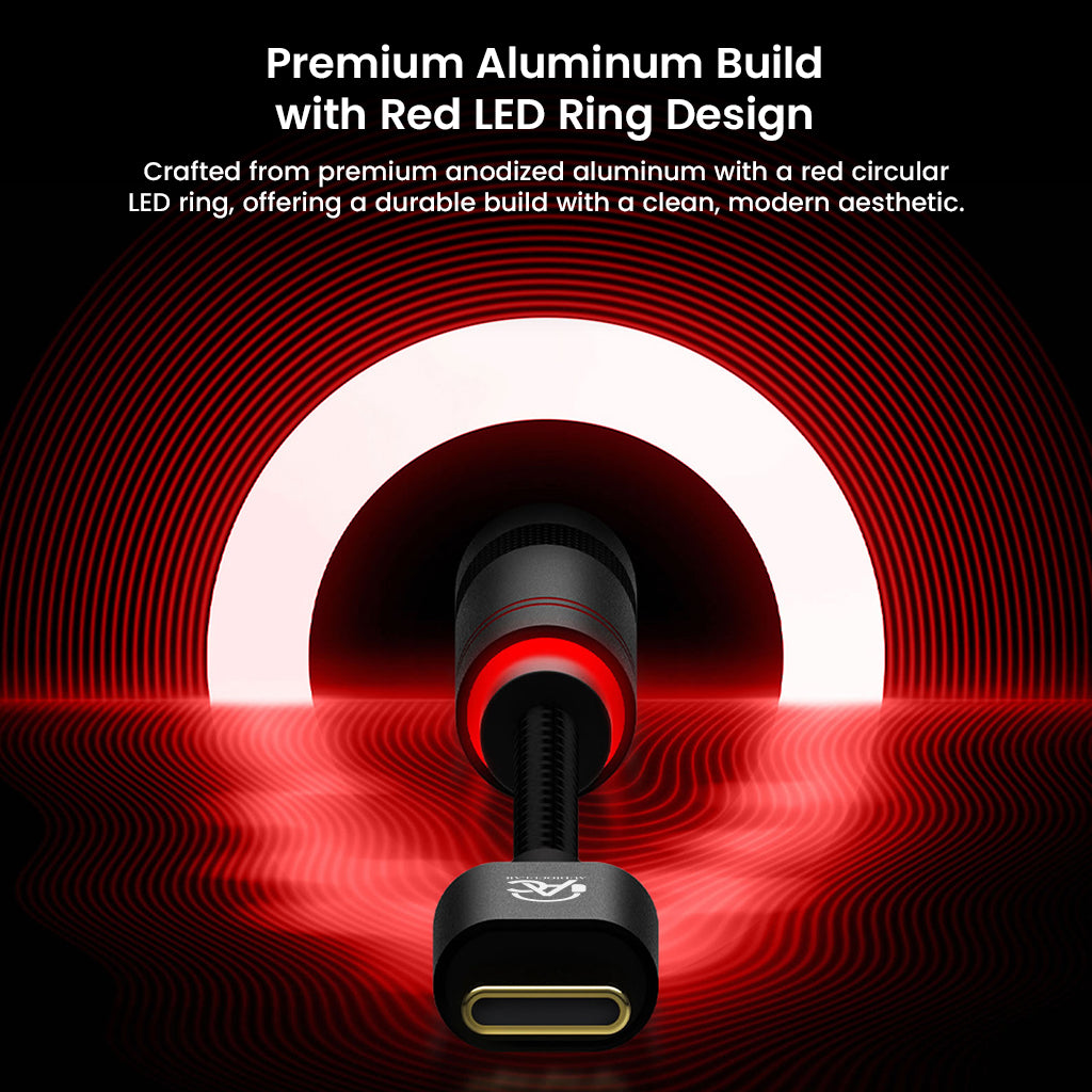 Premium aluminum build of AUDIOCULAR DAC/AMP with red LED ring offers durability and a sleek, modern design for portable audio setups.
