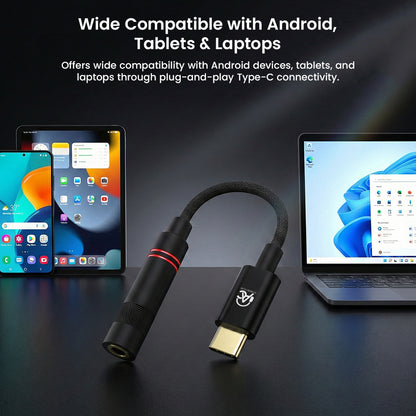 AUDIOCULAR DAC/AMP offers wide compatibility with Android, tablets, and laptops via USB-C, ideal for plug-and-play high-res audio.