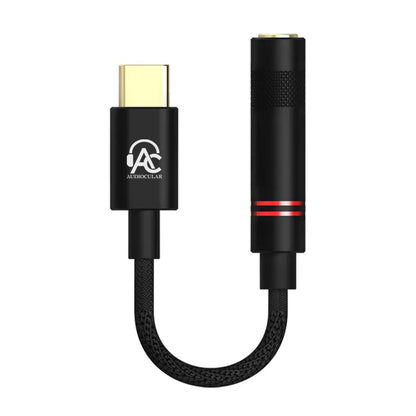 AUDIOCULAR - DAC/AMP | Portable USB-C Converter with Advanced Features, featuring a compact black braided cable and red LED ring design.