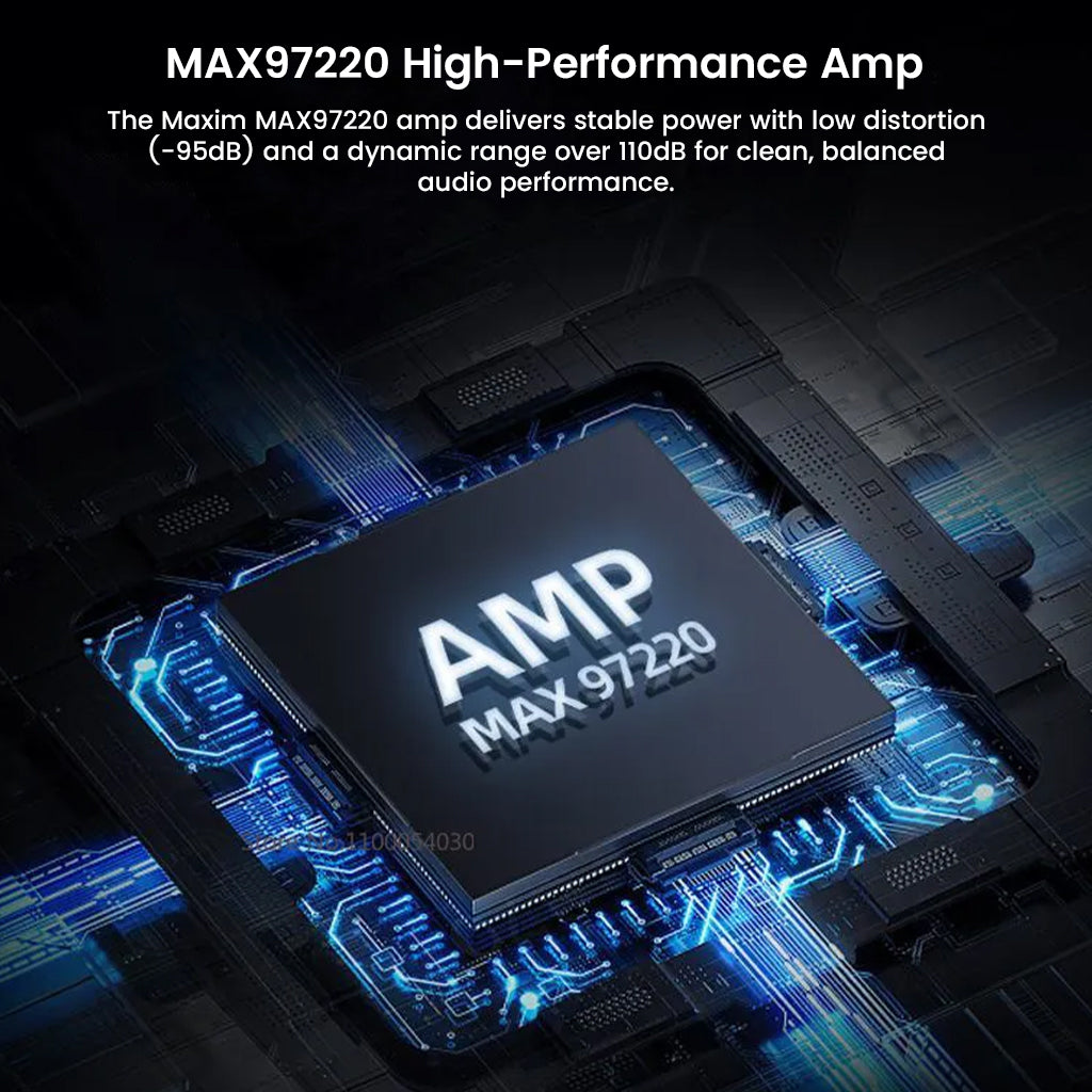MAX97220 high-performance amp chip in AUDIOCULAR DAC/AMP delivers low distortion and over 110dB dynamic range for clean audio output.