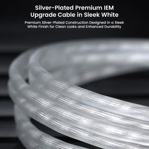 Close-up of silver-plated AUDIOCULAR C18 IEM upgrade cable in sleek white, designed for durability and premium audio performance.