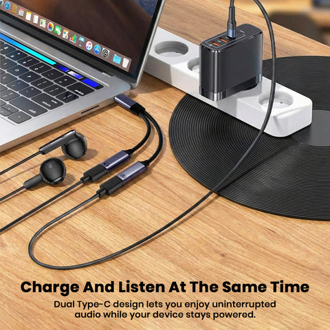 Audiocular D18 Type-C Adapter connected to a laptop and power strip, enabling simultaneous charging and Hi-Res audio playback through dual Type-C ports.