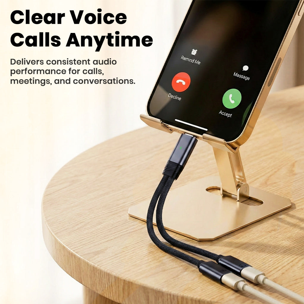 Audiocular D18 Adapter connected to a smartphone on a stand, delivering clear voice calls and consistent audio performance for meetings and conversations.