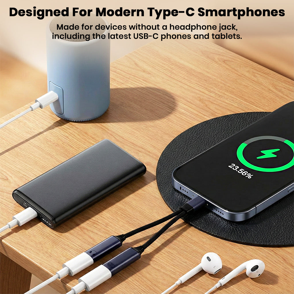 Audiocular D18 Dual Type-C Adapter used with modern smartphones and accessories, supporting devices without headphone jacks for seamless audio and charging.