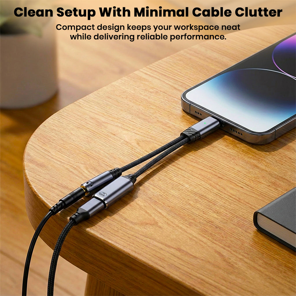 AUDIOCULAR D19 adapter connected to a smartphone, offering a clean setup with minimal cable clutter for organized workspaces.