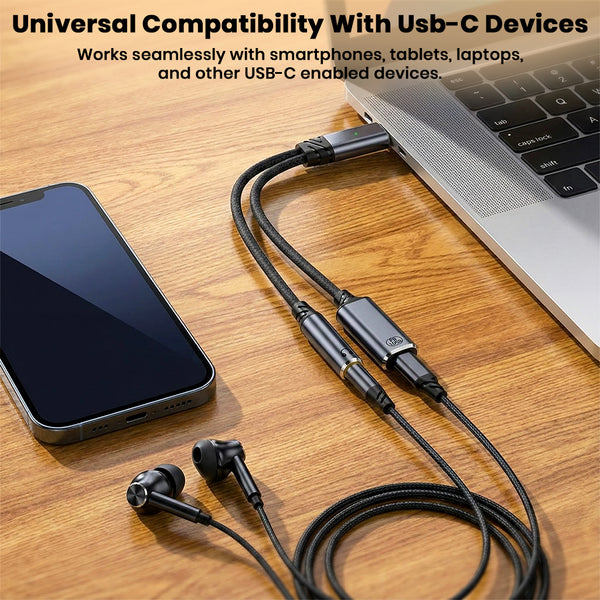 AUDIOCULAR D19 Male Type C to Female Type C and 3.5mm Audio Adapter, 100W PD/Mic Support - 6