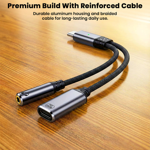 AUDIOCULAR D19 USB-C to USB-C and 3.5mm audio adapter with braided cable and aluminum housing for durable daily use.