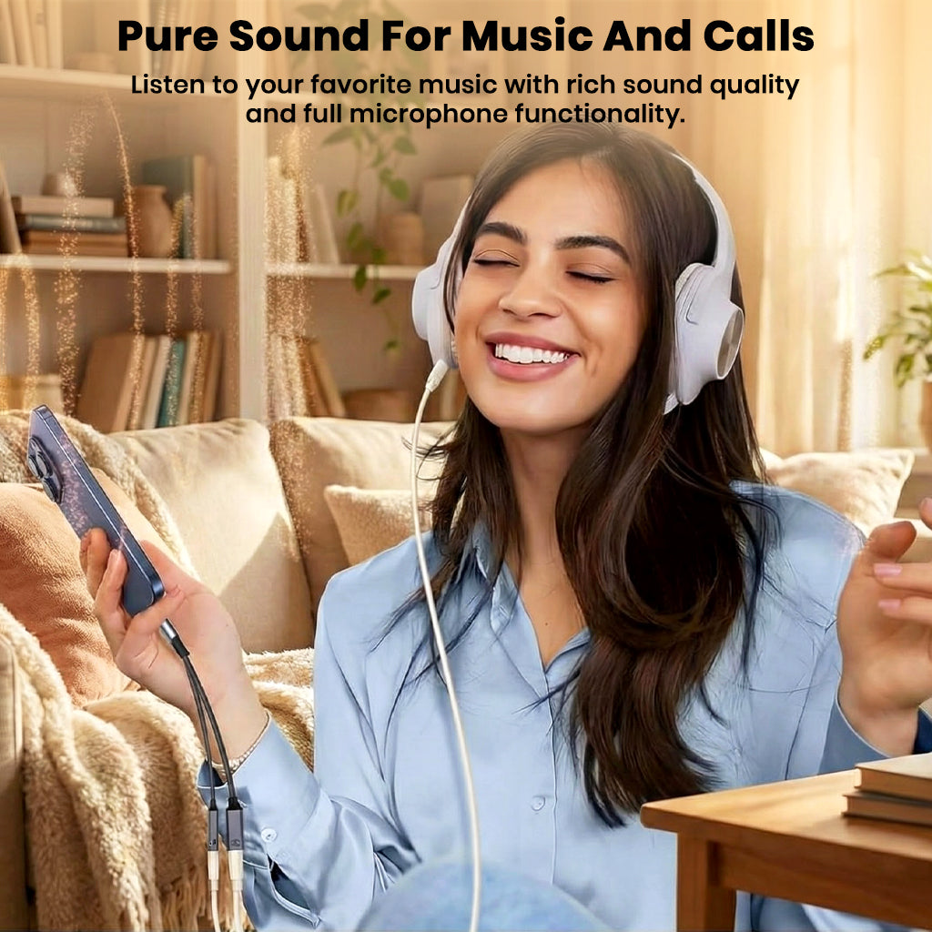 Woman enjoying music with AUDIOCULAR D19 adapter, delivering pure sound and full mic support for calls and entertainment.