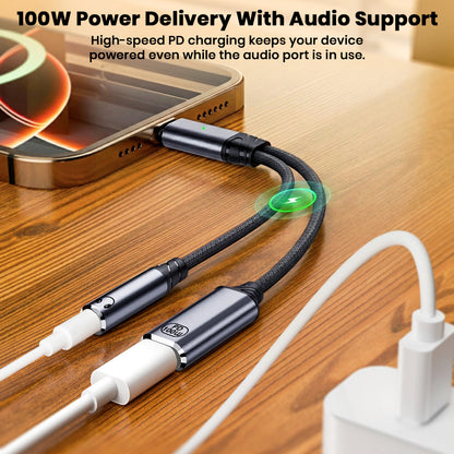 AUDIOCULAR D19 adapter supports 100W PD charging while using the 3.5mm audio jack, ideal for multitasking on USB-C devices.