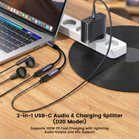 AUDIOCULAR D20 USB-C splitter connected to a laptop and charger, enabling simultaneous 100W PD charging and Lightning audio playback.
