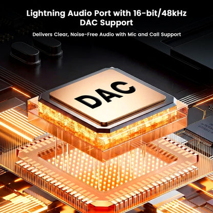 Close-up of DAC chip highlighting AUDIOCULAR D20's 16-bit/48kHz Lightning audio support for clear, noise-free sound with mic and call functionality.