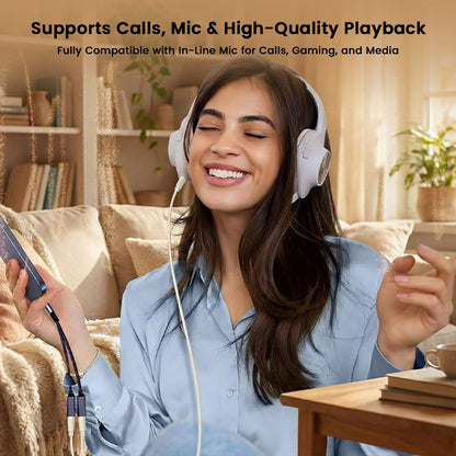 Woman enjoying high-quality audio with AUDIOCULAR D20 adapter, compatible with mic-enabled headphones for calls, gaming, and media playback.