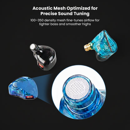 AUDIOCULAR Acoustic Mesh Filters shown installed in IEMs, optimizing sound tuning with 100–350 density mesh for enhanced bass and highs.